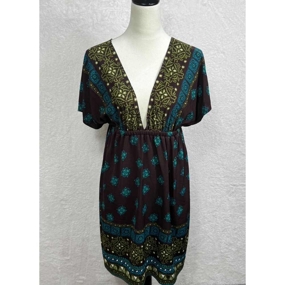 Maurices‎ Brown Boho Mini Dress Deep V-Neck Short Sleeve Elastic Waist S